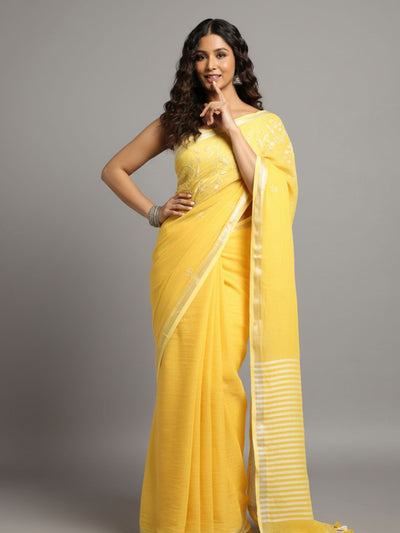 Gleaming Pure Linen Handloom Saree Embroidered Yellow