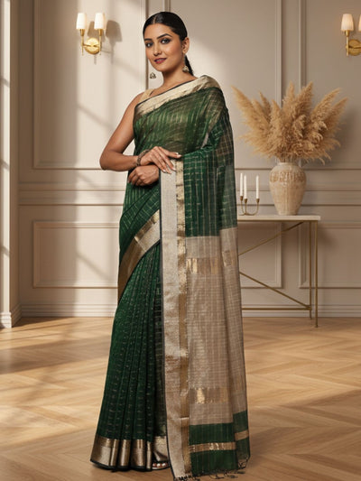 Stunning Pure Maheshwari Silk Allover Checks Rich Green Saree
