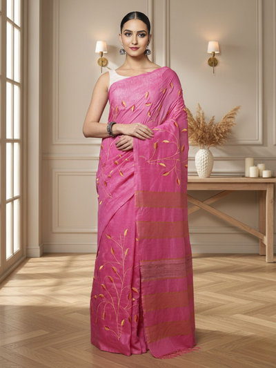 Poised Eri Tussar Silk Embroidered Pink Saree
