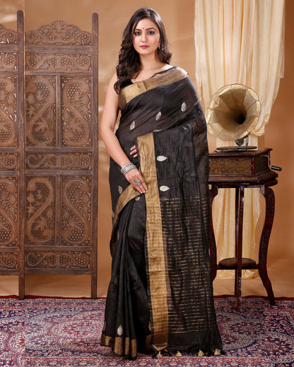 8619-Silk Linen Handloom Black Saree with Blouse Buta weaving and running blouse