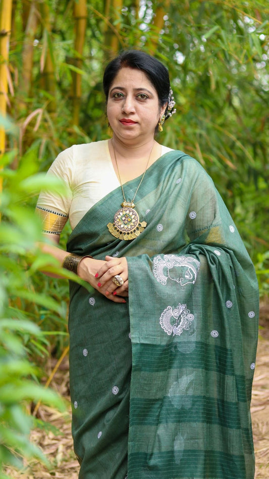 Embroidered Bansbara Tussar Silk Saree Green