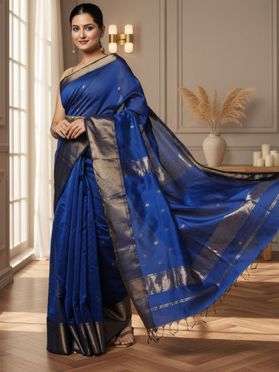 Lucid Maheshwari Pure Silk Butta Body Blue Saree