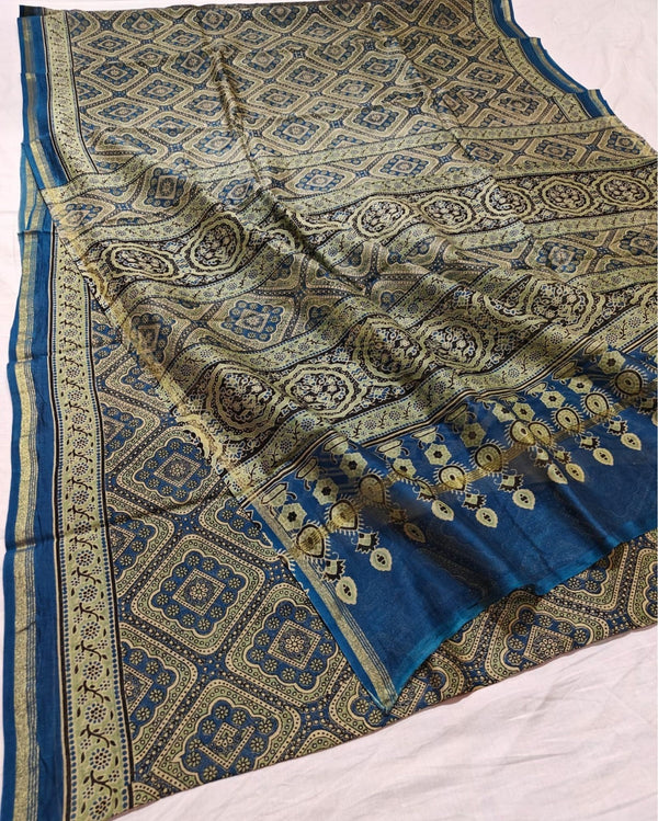 Indiehaat | Chanderi Silk Ajrakh Print Saree Blue