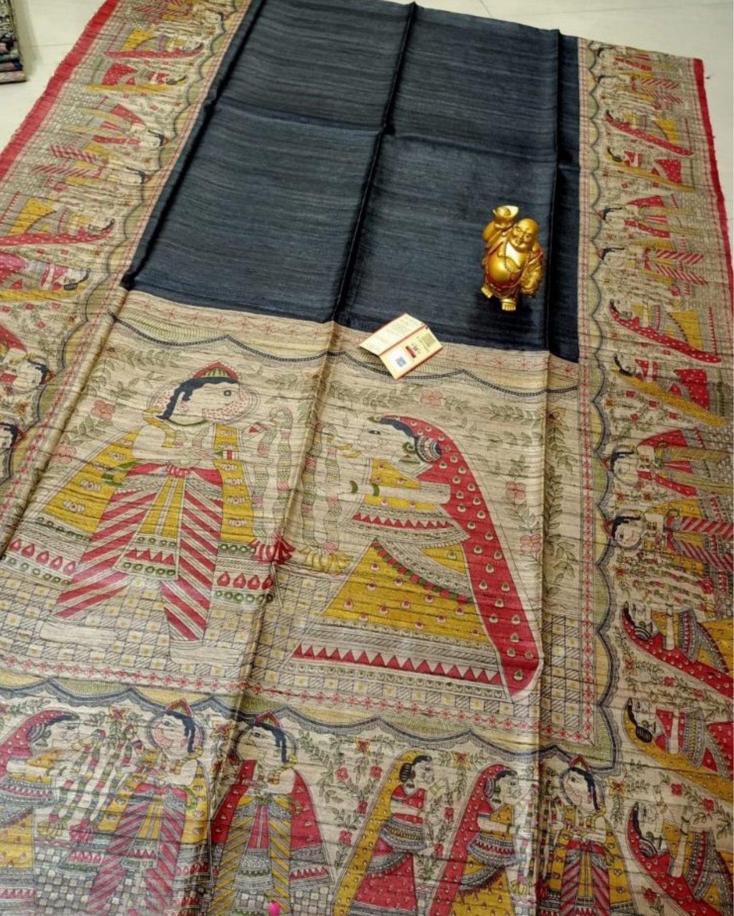 3801-Silkmark Certified Tussar Silk Handloom Handblock Printed Black Saree with Blouse