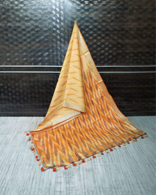 2303-Slub Linen Ikkat work Handloom Orange color Saree with Blouse