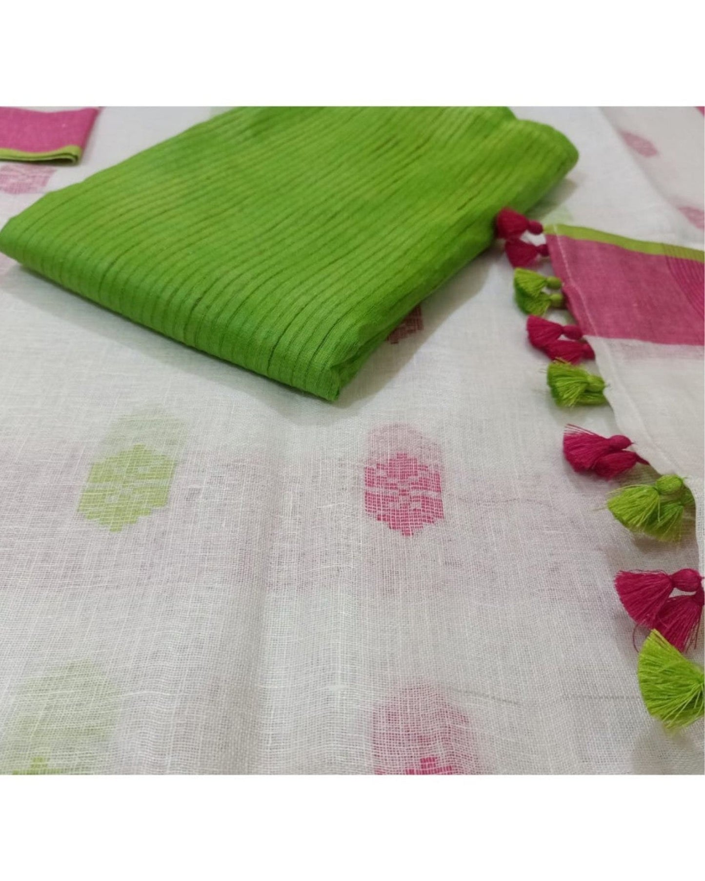 Pure Linen Quaint White Dupatta & Katan Silk Green Top Set