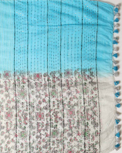 Half Dye Half Print Kota Silk Saree Summer Sky Blue