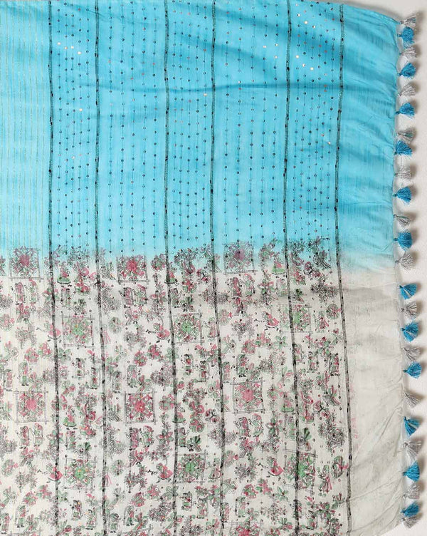 Half Dye Half Print Kota Silk Saree Summer Sky Blue