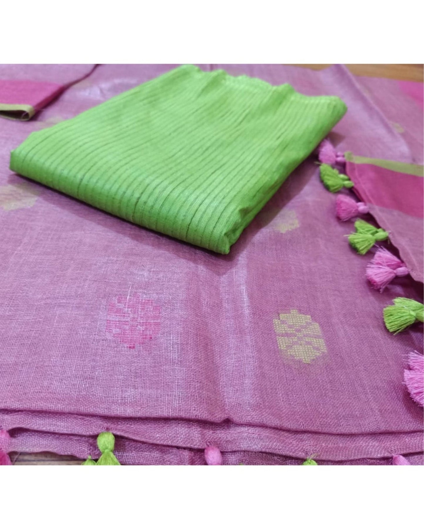 Pure Linen Dynamic Pink Dupatta & Katan Silk Green Top Set