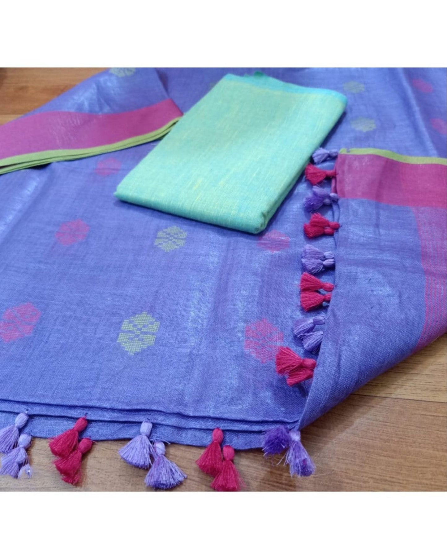 5470-Handwoven Pure Linen Purple Dupatta Set with Katan Fabric Green Top