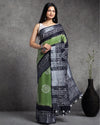 Earthy Slub Linen Saree Batik Print Moss Green