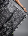 Earthy Slub Linen Saree Batik Print Moss Green