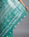 Turquoise Slub Linen Saree Batik Print Turquoise Blue