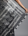 Unique Slub Linen Saree Batik Print Black