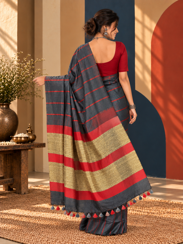 Gray Striped Pure Linen Saree with Blouse | Indiehaat