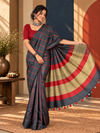 Gray Striped Pure Linen Saree with Blouse | Indiehaat