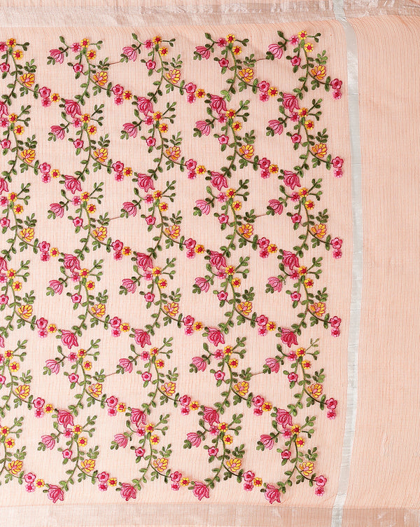 Kota Doria Saree Embroidered Red 12% Off - IndieHaat