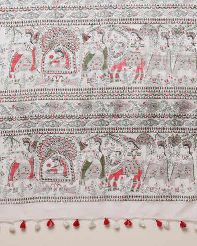Azureish Slub Linen Saree White Handblock Print