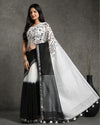 Classy Pure Linen Handloom Saree Black & White Hand Embroidered