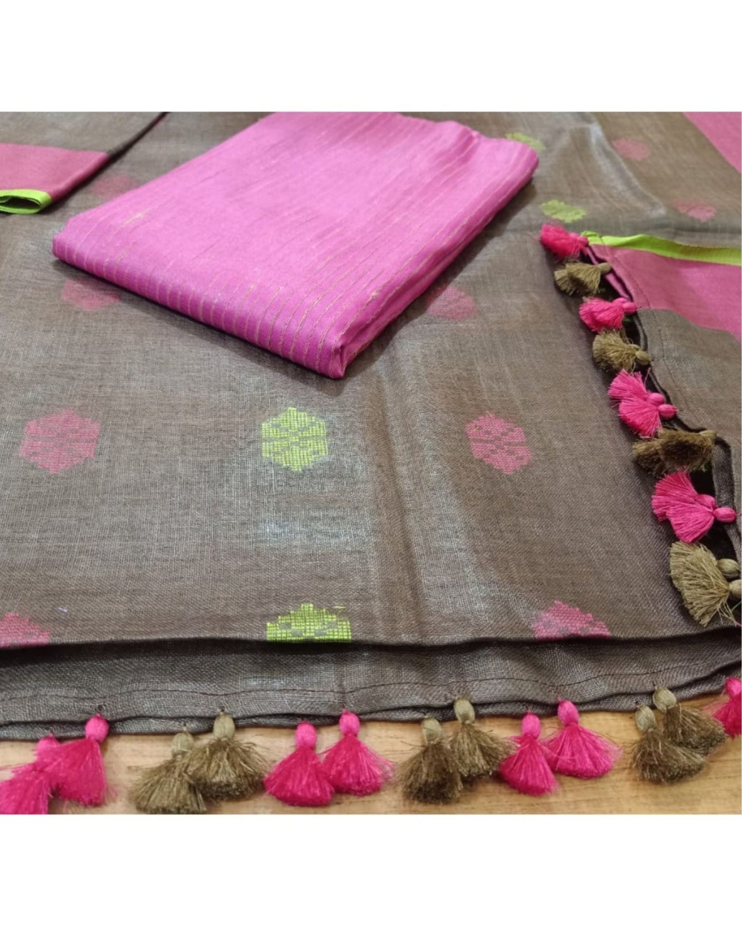 5125-Handwoven Pure Linen Brown Dupatta Set with Katan Fabric Pink Top
