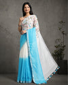 Surreal Pure Linen Saree Hand Embroidered White & Blue