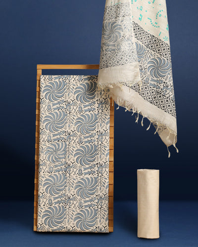 Katan Silk Sparkling Blockprint Gray Suit (T+B+D)