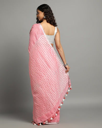 Pink Pure Linen Saree – Hand Embroidered | IndieHaat
