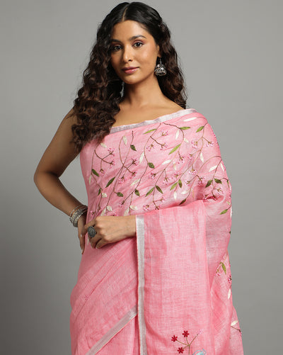 Pink Pure Linen Saree – Hand Embroidered | IndieHaat