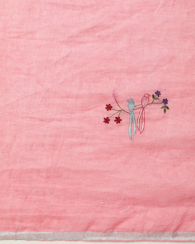 Pink Pure Linen Saree – Hand Embroidered | IndieHaat