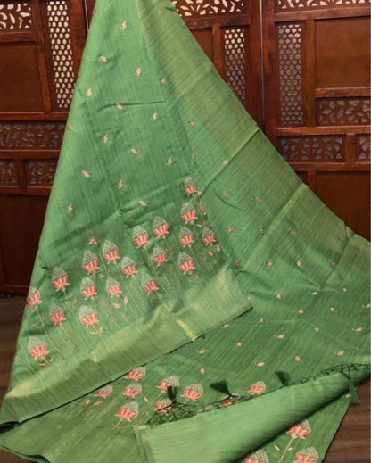 2168-Silkmark certified Pure Tussar Silk Digital Embroidered Green Saree with Running Blouse (Tussar by Tussar)