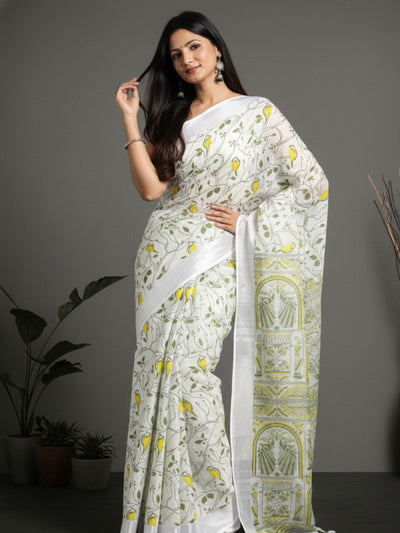 Fresh Slub Linen Wax Batik Hand Dyed Saree White & Green