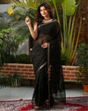 Pure Cotton Kota Doria Saree Black Color Jaal Embroidery with running blouse - IndieHaat