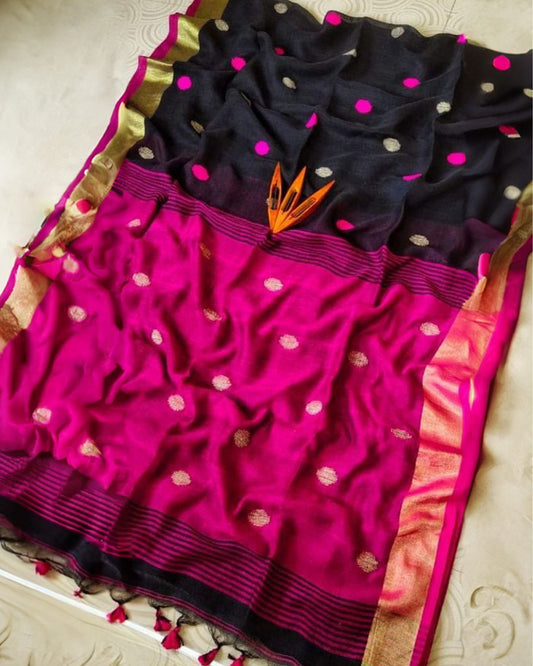 Pure Linen Jacquard Handloom Black & Pink Saree