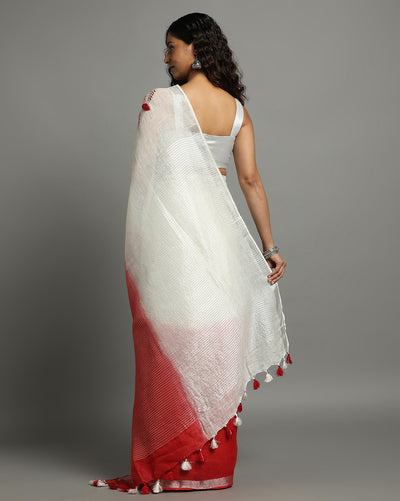 Serene Pure Linen Handloom Saree White & Red Embroidered