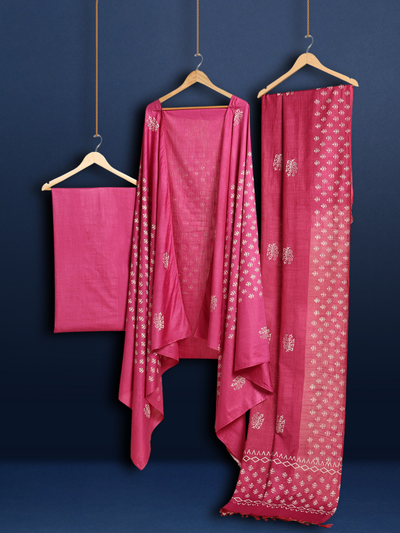 Katan Silk Fanciful Blockprint Purple Suit (T+B+D)