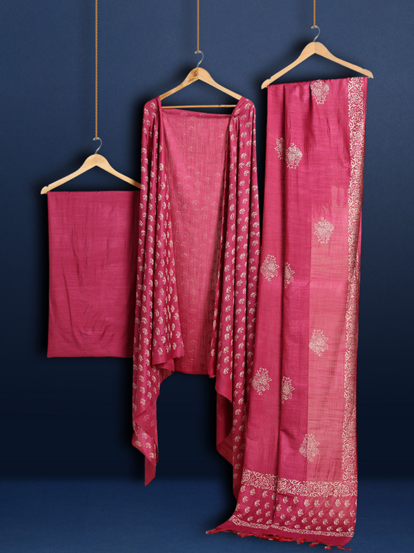 Katan Silk Lustrous Blockprint Magenta Suit