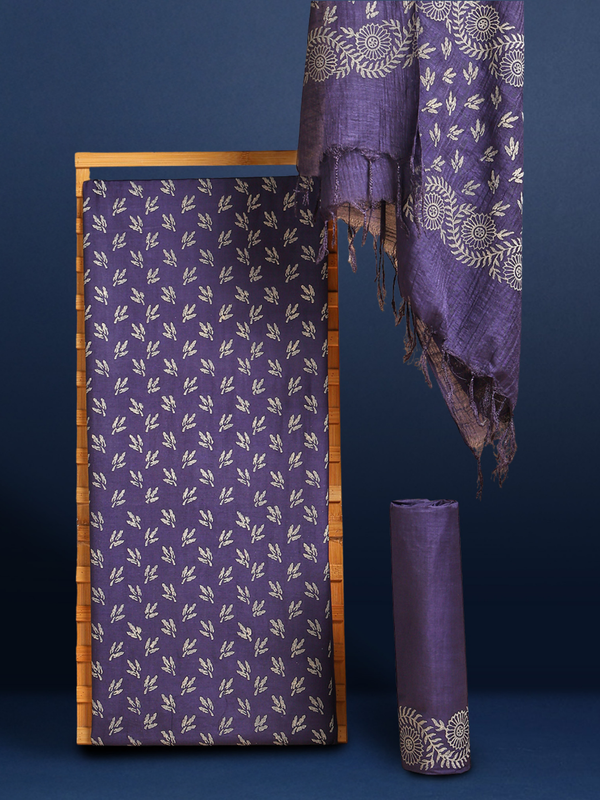 Katan Silk Glowing Blockprint Indigo Blue Suit