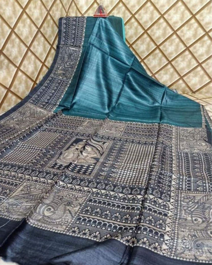 2814-Silkmark Certified Tussar Silk Handloom Handblock Printed Blue Saree with Blouse