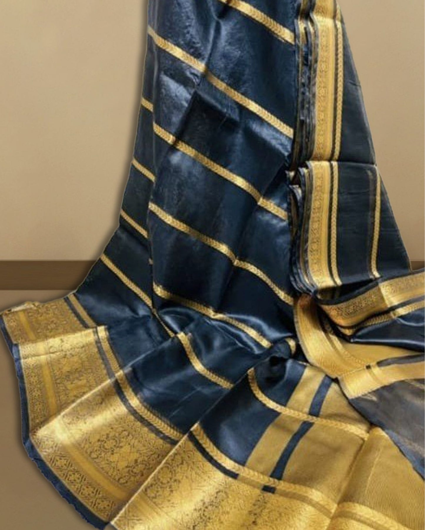 6914-Organza Pure Banarasi Silk Saree With Striped body running blouse Blue Colour