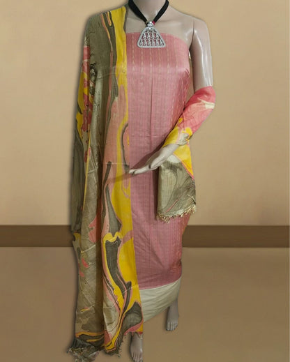 5888-Handcrafted Katan Nutmeg Pink Silk Suit Piece with Bottom and Dupatta