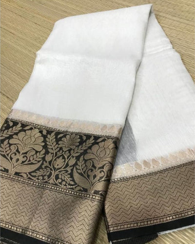 Silk Linen Banarasi Brocade Weaving Handloom White Saree with Blouse-Indiehaat