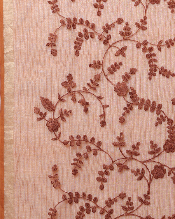 Pure Cotton Kota Doria Saree Brown Jaal Embroidery