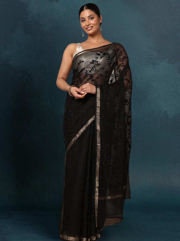 Pure Cotton Kota Doria Saree Black Jaal Embroidery