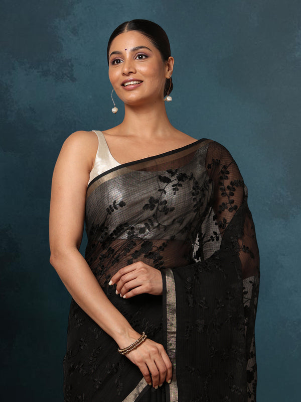 Pure Cotton Kota Doria Saree Black Jaal Embroidery
