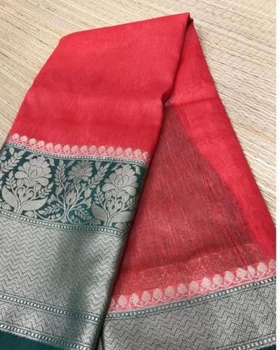 Silk Linen Banarasi Brocade Weaving Handloom Red Saree with Blouse-Indiehaat