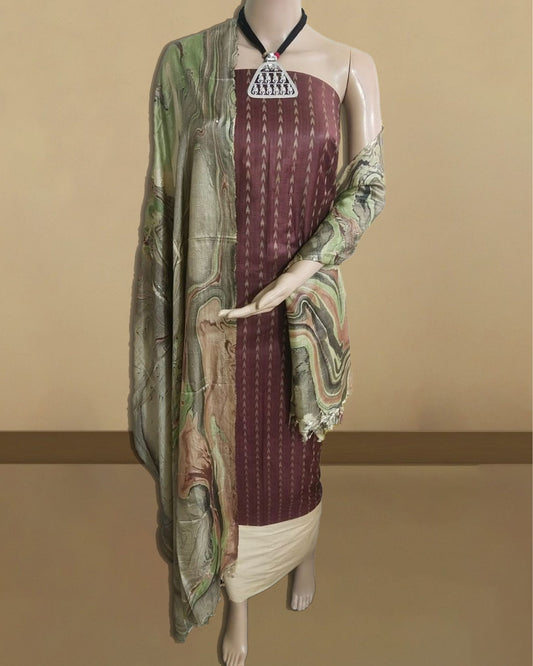 7598-Handcrafted Katan Silk Maroon Suit Piece with Bottom and Dupatta
