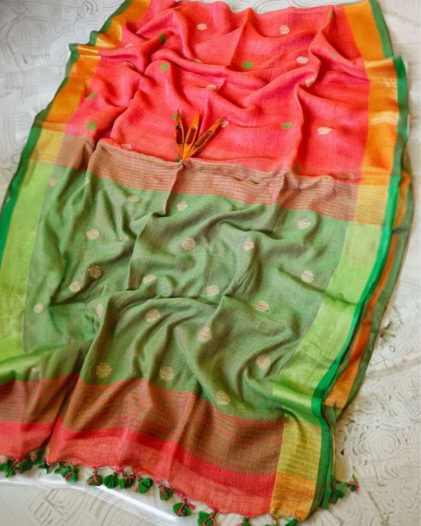 6273-Pure Linen Jacquard work Weaving Design Handloom Orange and Green Saree with Blouse