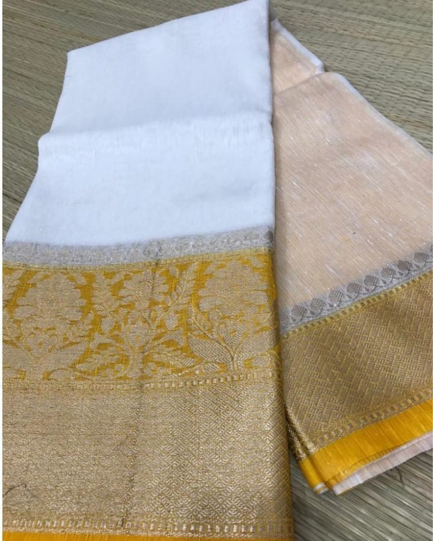 9594-Silk Linen Banrasi Brocade Weaving Handloom White Saree with Blouse