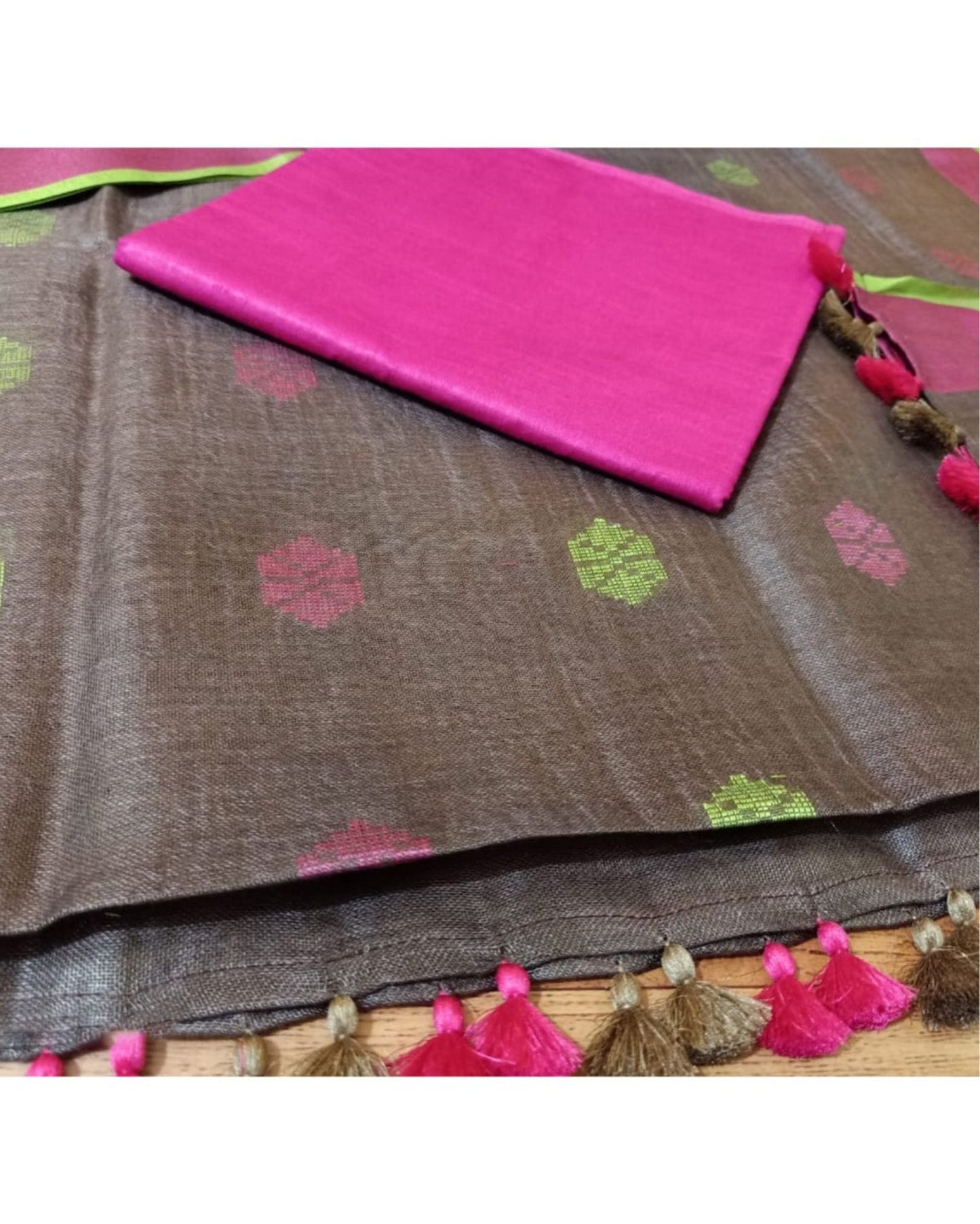 2609-Handwoven Pure Linen Brown Dupatta Set with Katan Fabric Pink Top