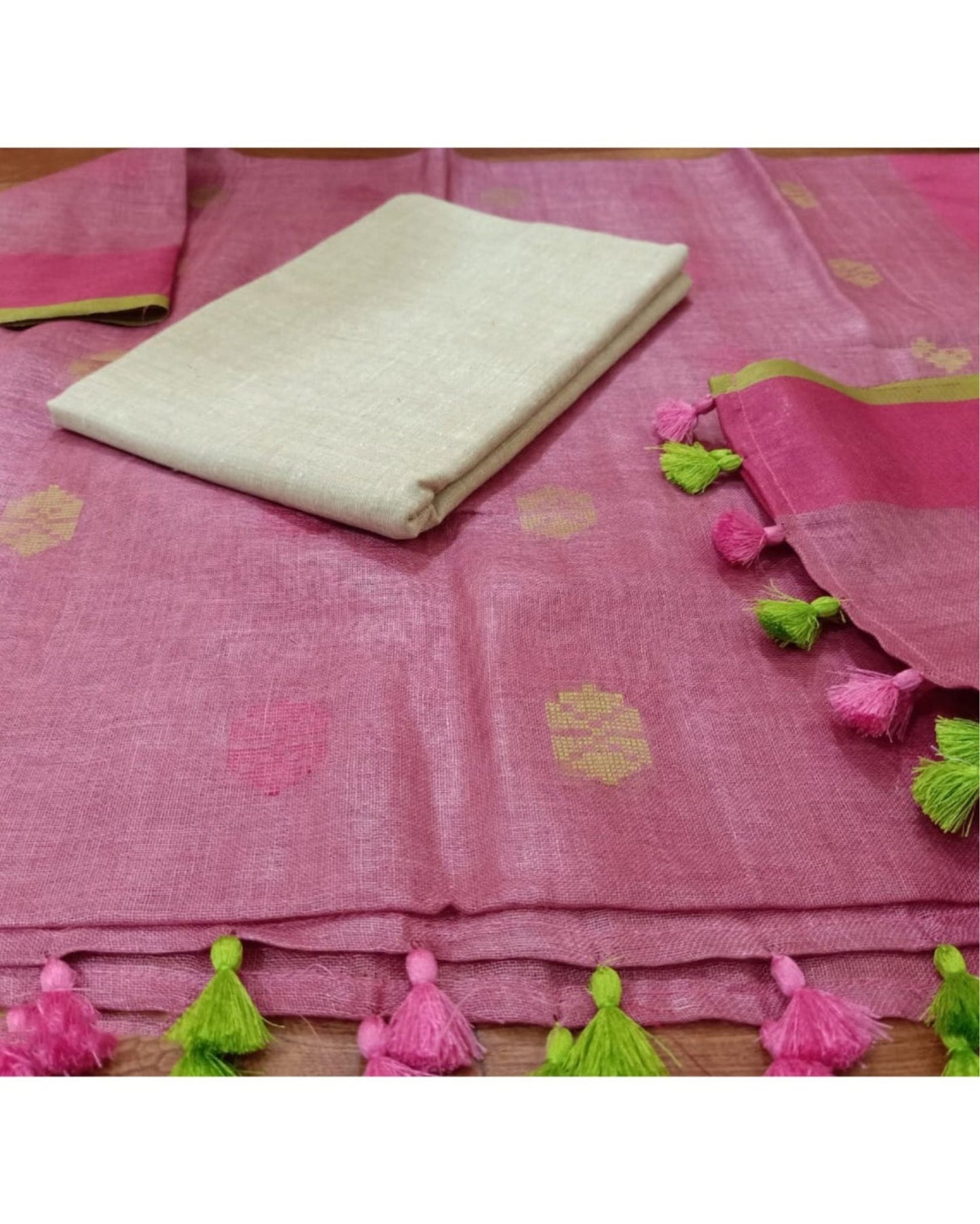 Pure Linen Kinetic Pink Dupatta & Katan Silk White Top Set